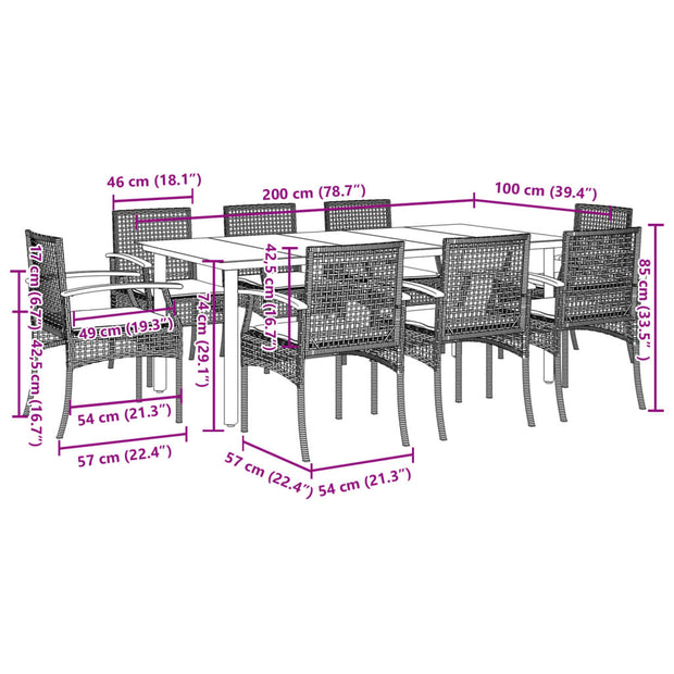 9 Piece Patio Dining Set with Cushions Gray Poly Rattan