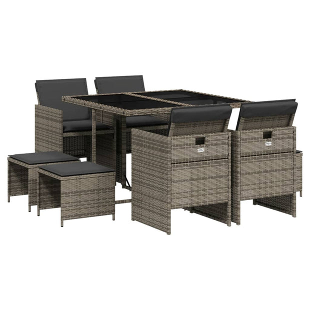 9 Piece Patio Dining Set with Cushions Gray Poly Rattan