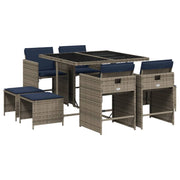 9 Piece Patio Dining Set with Cushions Gray Poly Rattan