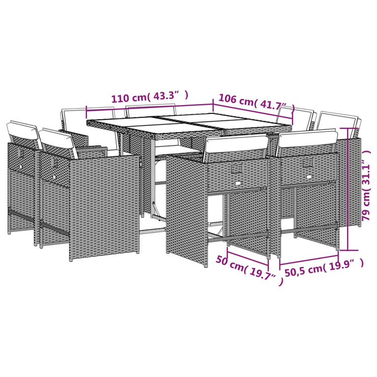 9 Piece Patio Dining Set with Cushions Gray Poly Rattan