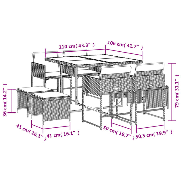 9 Piece Patio Dining Set with Cushions Gray Poly Rattan