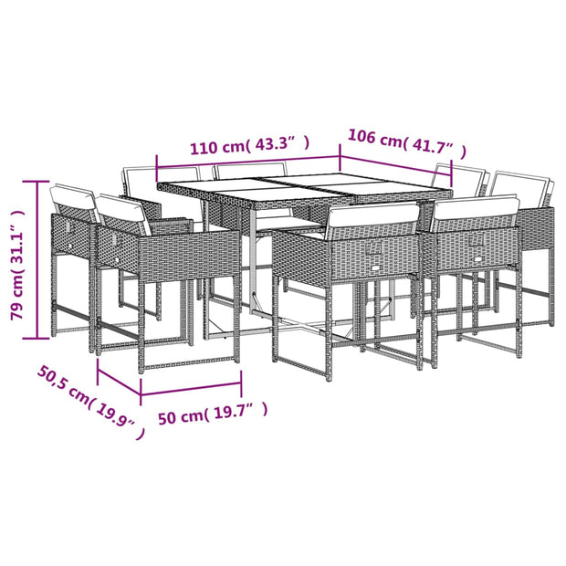 9 Piece Patio Dining Set with Cushions Gray Poly Rattan