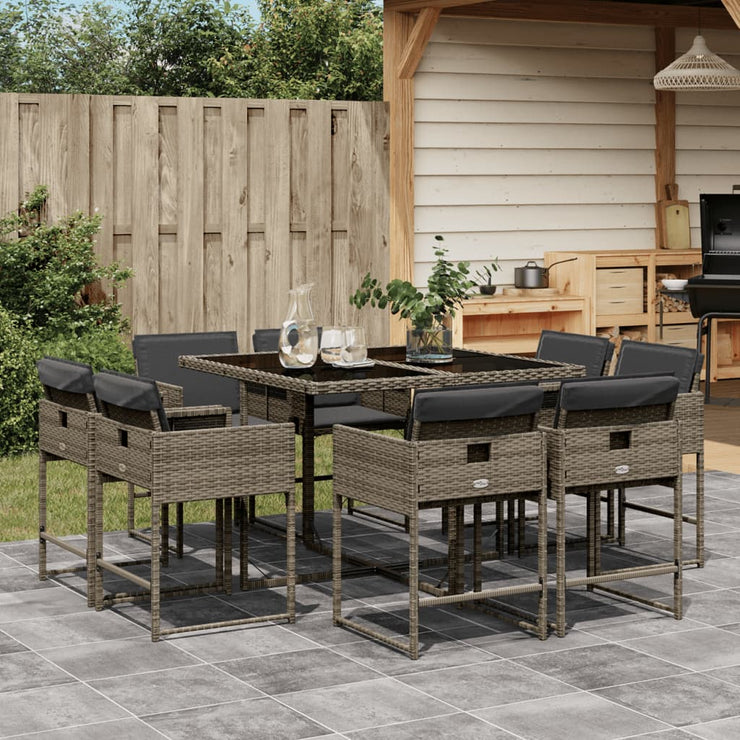 9 Piece Patio Dining Set with Cushions Gray Poly Rattan