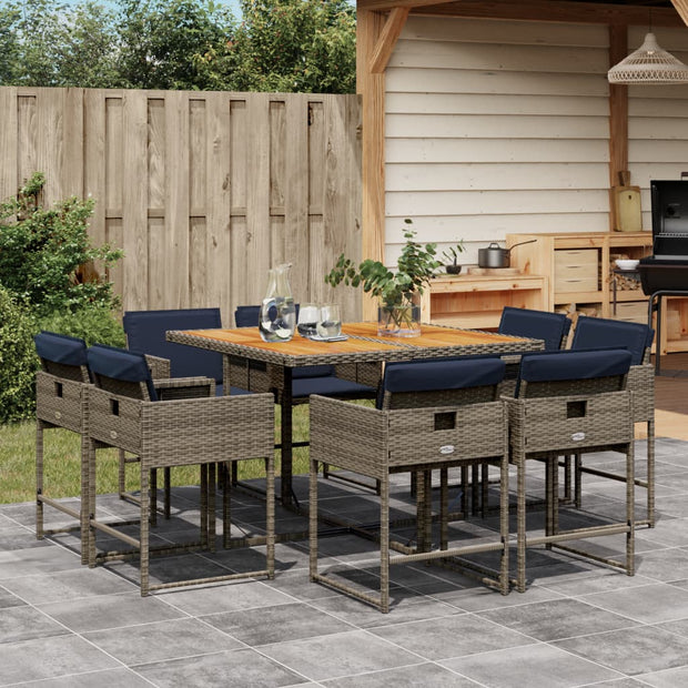 9 Piece Patio Dining Set with Cushions Gray Poly Rattan