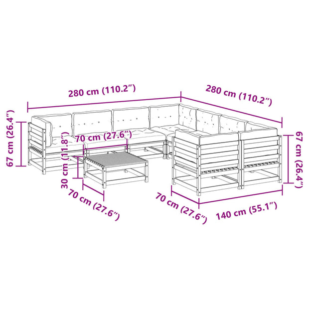 9 Piece Patio Sofa Set with Cushions Solid Wood Pine