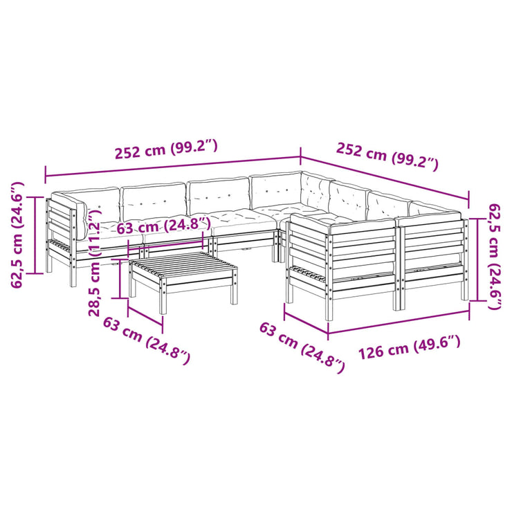 9 Piece Patio Sofa Set with Cushions Wax Brown Solid Wood Pine