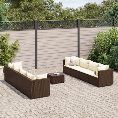 9 Piece Patio Lounge Set with Cushions Brown Poly Rattan