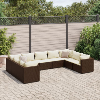 9 Piece Patio Lounge Set with Cushions Brown Poly Rattan