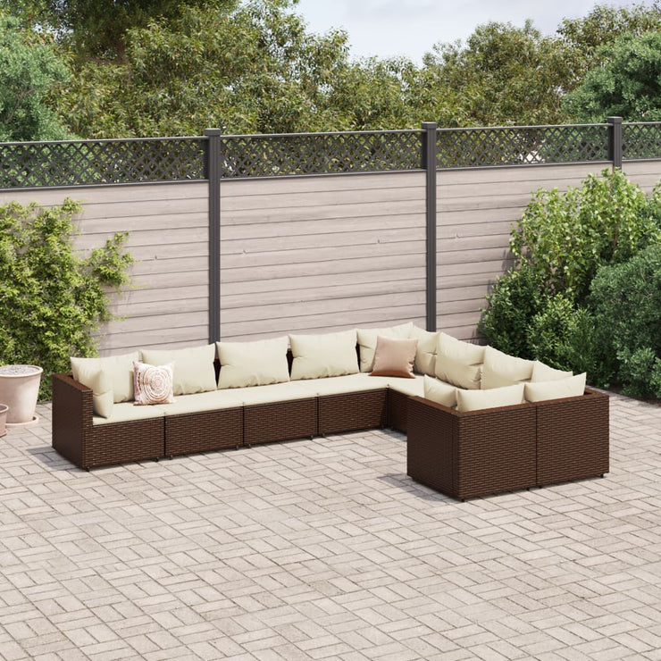 9 Piece Patio Sofa Set with Cushions Brown Poly Rattan