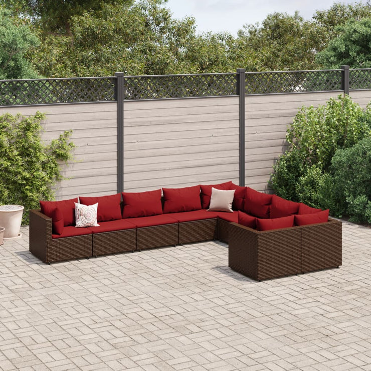 9 Piece Patio Sofa Set with Cushions Brown Poly Rattan